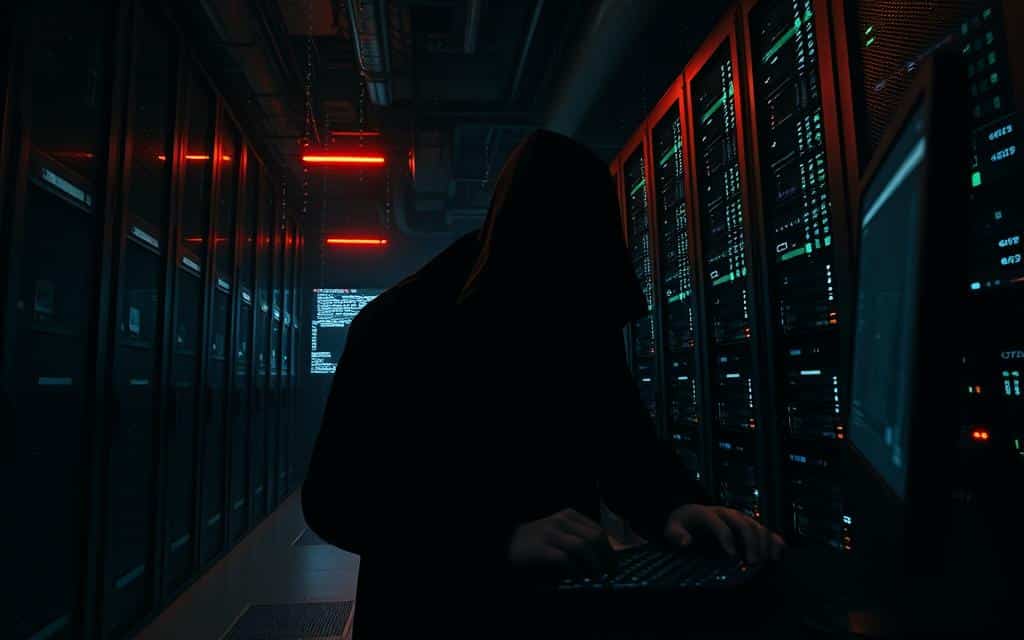 A dark server room, its racks casting ominous shadows. Flickering lights and the eerie glow of monitors illuminate a sinister landscape. In the foreground, a shadowy figure, fingers clacking on a keyboard, probing for vulnerabilities. Ghostly data streams flow through the air, hinting at the valuable information stored within. The atmosphere is tense, the air thick with the weight of potential breaches. A sense of unease pervades the scene, a cautionary tale of the ever-present threats to database security.