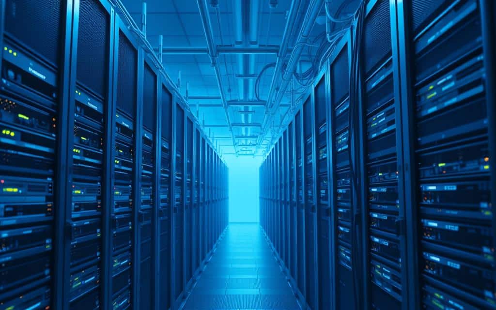 A data center with multiple server racks arranged in parallel, each running separate database instances. The servers are connected via high-speed network cables, creating a horizontal scaling topology. The scene is bathed in cool, blue-tinted lighting, casting long shadows and highlighting the sleek, metallic enclosures. The overall atmosphere conveys a sense of efficient, distributed data processing power. The camera angle is slightly elevated, providing a broad view of the server infrastructure, emphasizing the scale and interconnectivity of the system.