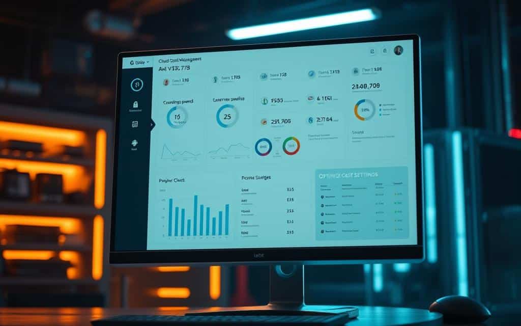A detailed, highly-polished cloud cost management dashboard displayed on a sleek, modern computer monitor. The dashboard features a clean, minimalist design with clear data visualizations, intuitive navigation, and insightful analytics. The foreground showcases the dashboard's main metrics, such as current and projected spending, cost trends, and optimization recommendations. The middle ground depicts various cost-saving tools and settings, while the background subtly hints at the broader cloud infrastructure powering the data. Soft, directional lighting creates depth and highlights the dashboard's functionality. The overall atmosphere conveys a sense of control, efficiency, and data-driven decision-making.
