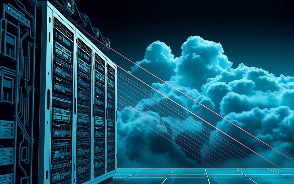 A detailed, technical illustration of a "diagonal scaling hybrid approach" for cloud database scaling. In the foreground, a server rack with interconnected components symbolizing the hybrid nature. In the middle ground, diagonal lines represent the scaling mechanism, with a blend of vertical and horizontal scaling. The background depicts a cloudy, atmospheric setting, highlighting the cloud environment. The lighting is crisp and directional, emphasizing the technical aspects. The color palette is muted, with shades of blue, gray, and silver, conveying a sense of efficiency and sophistication. The overall composition is balanced and visually striking, capturing the essence of the "diagonal scaling hybrid approach" concept.