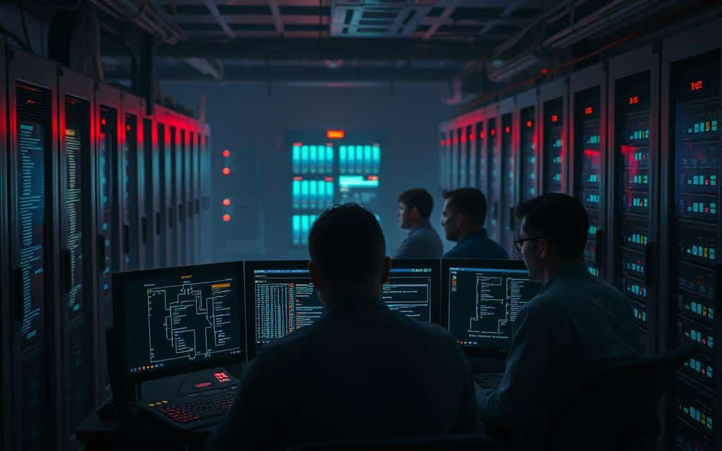 A dimly lit data center, servers humming in the background, as a team of engineers conducts a rigorous failover test. The scene is tense, with the glow of monitors casting an eerie light across the room. In the foreground, a central console displays the intricate web of database connections, each link tested and verified. The team, faces intense with concentration, monitors the process, ready to intervene at the slightest hiccup. The background is filled with the subtle movement of backup generators and the rhythmic flashing of status lights, creating a sense of controlled chaos. The overall atmosphere conveys the critical importance of this exercise, a fire drill for the heart of the digital infrastructure. A dimly lit data center, servers humming in the background, as a team of engineers conducts a rigorous failover test. The scene is tense, with the glow of monitors casting an eerie light across the room. In the foreground, a central console displays the intricate web of database connections, each link tested and verified. The team, faces intense with concentration, monitors the process, ready to intervene at the slightest hiccup. The background is filled with the subtle movement of backup generators and the rhythmic flashing of status lights, creating a sense of controlled chaos. The overall atmosphere conveys the critical importance of this exercise, a fire drill for the heart of the digital infrastructure.