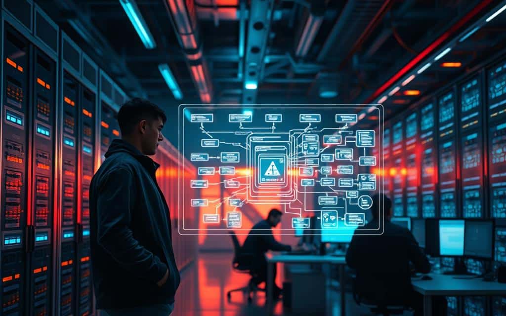 A futuristic data center illuminated by warm, diffused lighting, with rows of high-performance servers and racks of storage devices. In the foreground, a data analyst stands before a holographic display, meticulously analyzing performance metrics and optimization strategies. The middle ground features a complex diagram of a data model, its interconnected entities and relationships visualized in a clean, minimalist style. In the background, the silhouettes of engineers collaborate at workstations, their faces lit by the glow of computer screens. The overall atmosphere conveys a sense of technological sophistication, efficiency, and the relentless pursuit of optimizing data models for maximum performance.