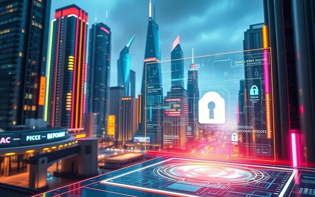 A futuristic, neon-lit cityscape with towering skyscrapers and advanced technological infrastructure. In the foreground, a sleek, holographic control panel displaying intricate role-based access control systems. Floating data visualizations and security protocols illuminate the panel, while the background is bathed in a vibrant, kaleidoscopic glow. The scene conveys a sense of innovation, efficiency, and the seamless integration of RBAC into the urban landscape of tomorrow.