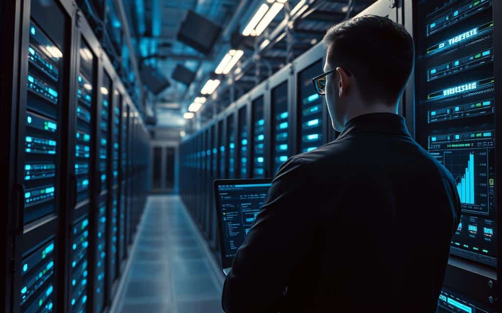A high-tech data center filled with rows of server racks, each illuminated by cool blue lighting. In the foreground, a system administrator analyzes real-time performance metrics on a sleek dashboard, while in the background, a network of cables and cooling systems maintain the delicate balance of the infrastructure. The scene conveys a sense of technological sophistication and the challenges of scaling modern database systems to meet growing demands. The lighting and camera angle create a dramatic, cinematic atmosphere, emphasizing the importance and complexity of the task at hand.