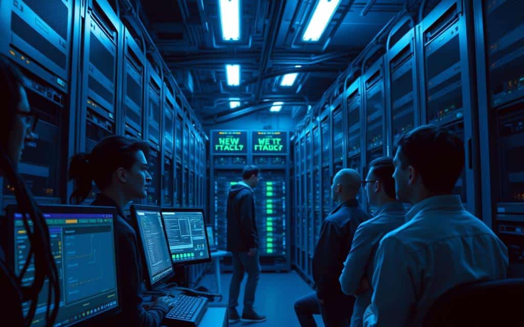 A high-tech data center, illuminated by cool blue lighting. In the foreground, a team of IT professionals monitors a bank of server racks, their expressions focused as they test the failover protocols of a complex database system. Cables and screens display real-time diagnostic data, while in the middle ground, a simulated network disruption is underway, triggering the seamless transition to a redundant server cluster. The background is filled with towering racks, blinking indicator lights, and the subtle hum of cooling fans, conveying the scale and importance of the task at hand.