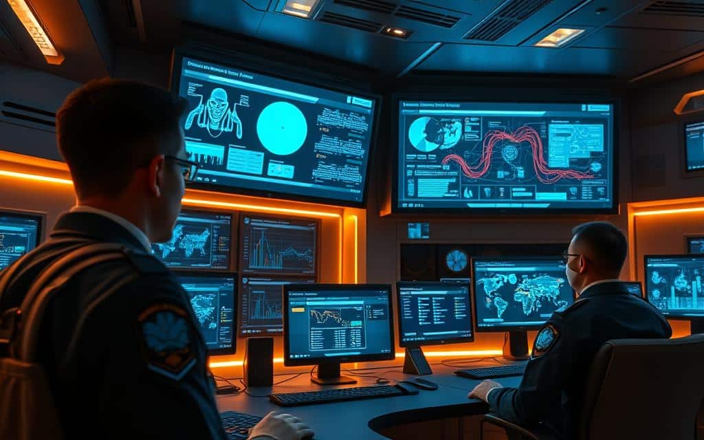 A high-tech security control room with multiple screens displaying intricate data visualizations and network security analytics. Sleek, minimalist interior design with a sense of sophisticated technology. Warm lighting from concealed sources casts a soft glow, creating an atmosphere of focused intensity. Uniformed security personnel monitor the systems, their faces illuminated by the displays. The room's architecture features clean lines, sharp angles, and a sense of orderly functionality. The overall impression is one of advanced, cutting-edge security policies in action. A high-tech security control room with multiple screens displaying intricate data visualizations and network security analytics. Sleek, minimalist interior design with a sense of sophisticated technology. Warm lighting from concealed sources casts a soft glow, creating an atmosphere of focused intensity. Uniformed security personnel monitor the systems, their faces illuminated by the displays. The room's architecture features clean lines, sharp angles, and a sense of orderly functionality. The overall impression is one of advanced, cutting-edge security policies in action.