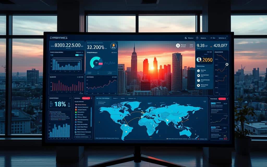 A modern, intuitive firewall monitoring dashboard displayed on a large, high-resolution screen. The foreground features a clean, minimalist user interface with real-time metrics, alert notifications, and contextual data visualizations. The middle ground showcases a network topology map, highlighting connected devices, traffic flows, and potential threats. In the background, a serene cityscape with towering skyscrapers is visible through floor-to-ceiling windows, bathed in the warm glow of sunset. The lighting is soft and balanced, creating a professional, yet inviting atmosphere. The camera angle is slightly elevated, providing an overview of the comprehensive firewall management system. A modern, intuitive firewall monitoring dashboard displayed on a large, high-resolution screen. The foreground features a clean, minimalist user interface with real-time metrics, alert notifications, and contextual data visualizations. The middle ground showcases a network topology map, highlighting connected devices, traffic flows, and potential threats. In the background, a serene cityscape with towering skyscrapers is visible through floor-to-ceiling windows, bathed in the warm glow of sunset. The lighting is soft and balanced, creating a professional, yet inviting atmosphere. The camera angle is slightly elevated, providing an overview of the comprehensive firewall management system.