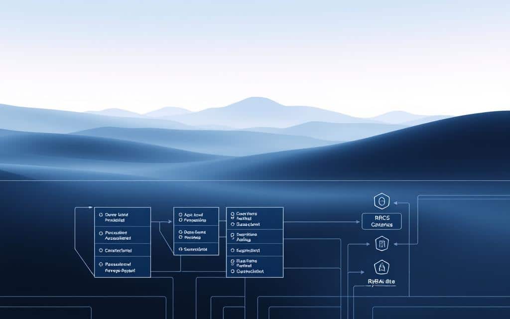 A modernist-inspired illustration of RBAC best practices for database security. In the foreground, a clean, minimalist database schema diagram with clear user roles and permissions, meticulously color-coded. The middle ground features sleek, elegant icons representing key RBAC concepts like access control, auditing, and governance. In the background, a serene, abstract landscape of soft geometric shapes and gradients, conveying a sense of order, simplicity, and technological sophistication. The overall aesthetic is one of precision, clarity, and professionalism, highlighting the importance of RBAC in safeguarding sensitive data.