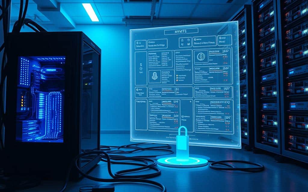 A server room bathed in a soft, blue glow as data is encrypted and backed up. In the foreground, a sleek, black tower computer stands guard, its LED indicators pulsing with activity. Surrounding it, cables snake across the floor, connecting to various storage devices. In the middle ground, a holographic display shows a detailed database schema, with encryption keys and security protocols overlaying the data. The background features a wall-mounted server rack, its blinking lights and cooling fans creating a soothing, technological ambiance. The overall scene conveys a sense of diligence, efficiency, and the importance of safeguarding critical information.