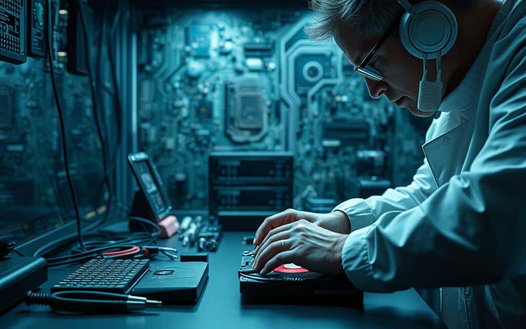 A sleek, modern data recovery station set against a backdrop of intricate computer circuit boards. In the foreground, a technician carefully connects cables to a hard drive, their hands steady and focused. The station is illuminated by soft, directional lighting, creating a sense of professionalism and attention to detail. In the middle ground, various tools and diagnostic equipment are neatly arranged, suggesting a methodical approach to data recovery. The background features a gradient of blues and grays, evoking the digital realm and the importance of preserving valuable information. A sleek, modern data recovery station set against a backdrop of intricate computer circuit boards. In the foreground, a technician carefully connects cables to a hard drive, their hands steady and focused. The station is illuminated by soft, directional lighting, creating a sense of professionalism and attention to detail. In the middle ground, various tools and diagnostic equipment are neatly arranged, suggesting a methodical approach to data recovery. The background features a gradient of blues and grays, evoking the digital realm and the importance of preserving valuable information.
