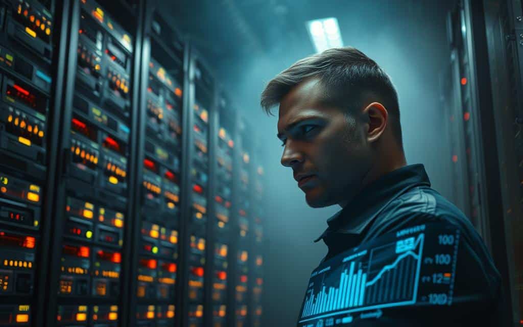 A sprawling database server rack stands in a dimly lit server room, its rows of flashing lights and humming fans conveying the weight of information stored within. In the foreground, a data analyst scrutinizes performance metrics on a holographic display, brow furrowed in contemplation. The background is shrouded in a subtle haze, suggesting the complexity and interconnectedness of the system. Crisp lighting from above casts dramatic shadows, emphasizing the technical details of the hardware. The overall mood is one of thoughtful consideration, as the analyst ponders the right moment to shard the database, balancing scalability, performance, and resilience.