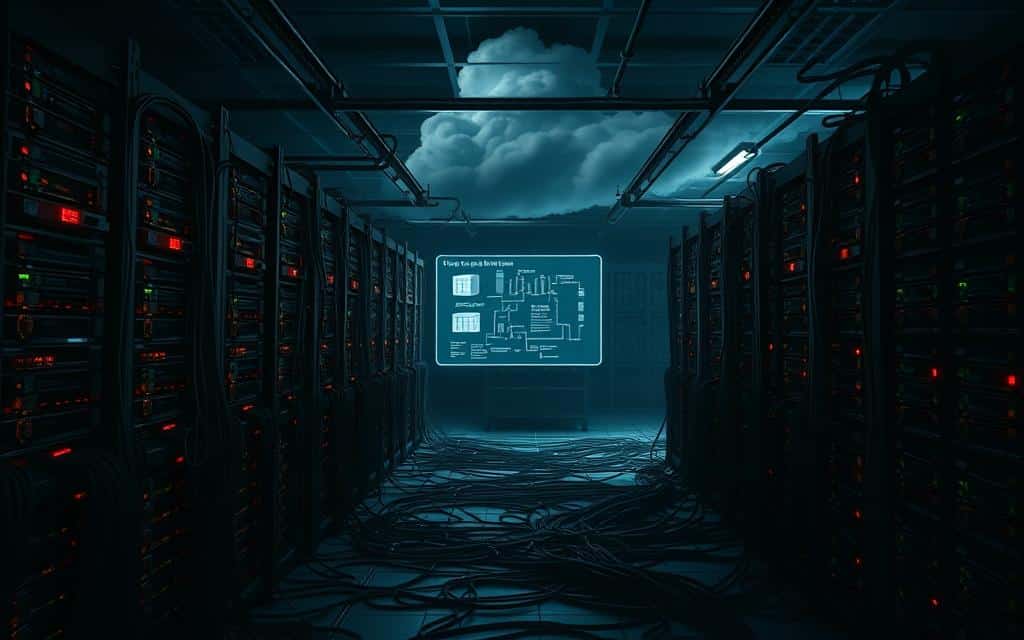 A vast, intricate database system sprawling across a dimly lit server room. Racks of humming hardware cast long shadows, creating an ominous atmosphere. In the foreground, a series of tangled cables and flashing error lights hint at the complexities of database sharding. The middle ground features a holographic display depicting a fractured database schema, warning of the potential pitfalls of poor sharding strategies. The background showcases a looming storm cloud, symbolizing the impending doom of system failures. Cinematic lighting and a moody, high-contrast aesthetic convey the gravity of the situation, emphasizing the need for careful planning and execution when implementing distributed database architectures.