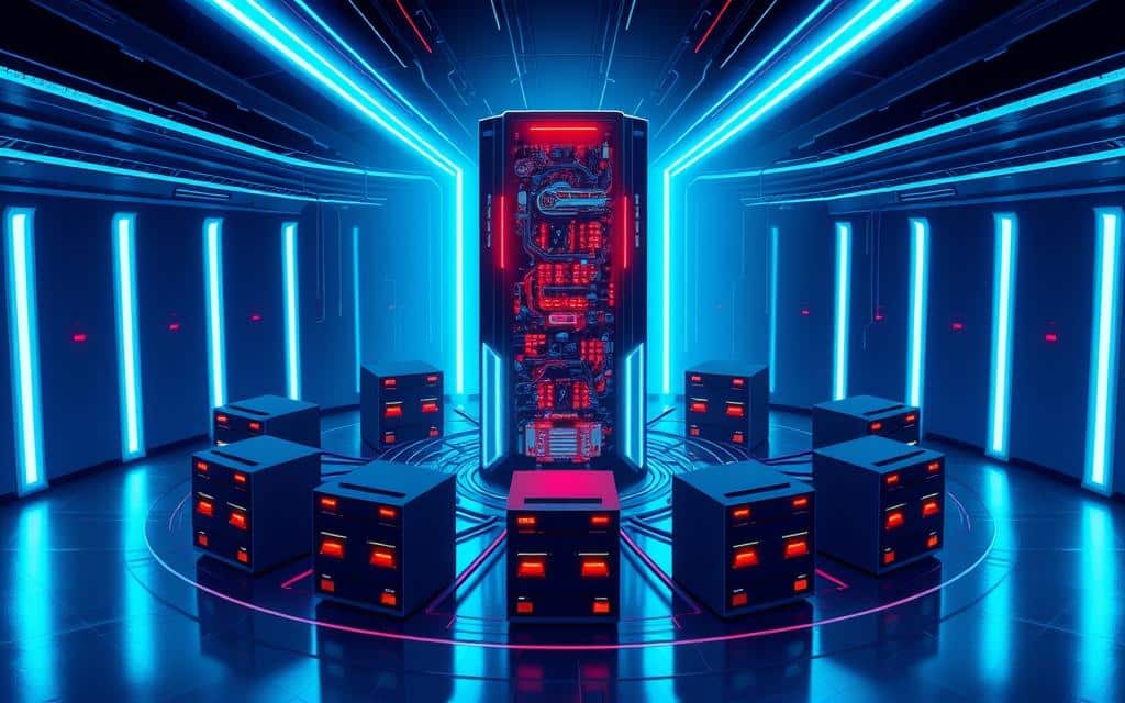 A vibrant illustration of database replication strategies, showcasing a central server surrounded by multiple replicated servers in a sleek, futuristic setting. The central server is depicted as a towering structure, its intricate circuitry and pulsing lights conveying the complex inner workings of a robust data management system. Radiating outward, the replicated servers are represented as smaller, interconnected nodes, each maintaining a synchronized copy of the primary database. The scene is bathed in a cool, blue-tinted lighting, creating a sense of technological sophistication and efficiency. The composition emphasizes the interconnectedness and redundancy of the replication strategy, highlighting its role in achieving fault tolerance and high availability for critical data. A vibrant illustration of database replication strategies, showcasing a central server surrounded by multiple replicated servers in a sleek, futuristic setting. The central server is depicted as a towering structure, its intricate circuitry and pulsing lights conveying the complex inner workings of a robust data management system. Radiating outward, the replicated servers are represented as smaller, interconnected nodes, each maintaining a synchronized copy of the primary database. The scene is bathed in a cool, blue-tinted lighting, creating a sense of technological sophistication and efficiency. The composition emphasizes the interconnectedness and redundancy of the replication strategy, highlighting its role in achieving fault tolerance and high availability for critical data.