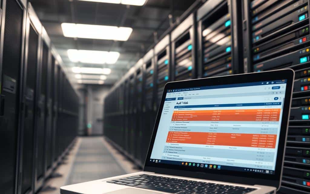 A well-lit database server room, with rows of rack-mounted servers and storage units. In the foreground, a laptop or desktop computer is open, displaying a database management interface with logs and audit trails. The lighting is soft and even, creating a professional and technical atmosphere. The angle is slightly elevated, giving a birds-eye view of the setup, showcasing the meticulous organization and attention to detail. The colors are muted, with shades of gray, silver, and blue, emphasizing the industrial and technological nature of the scene. The overall impression is one of a carefully designed and implemented database logging system, reflecting the importance of robust audit trails in sensitive data environments.