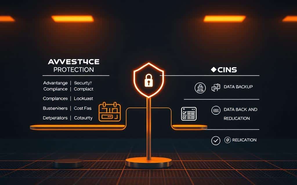 Detailed data protection pros and cons, displayed on a sleek, minimalist infographic. The foreground features two opposing scales, one with advantages like security and compliance, the other with disadvantages like cost and complexity. The middle ground showcases data backup and replication icons, conveying the core strategies. The background has a subtle grid pattern, evoking the digital nature of data management. Warm, neutral lighting casts a professional, authoritative tone. The composition is balanced, with clean lines and plenty of negative space to highlight the key information. Detailed data protection pros and cons, displayed on a sleek, minimalist infographic. The foreground features two opposing scales, one with advantages like security and compliance, the other with disadvantages like cost and complexity. The middle ground showcases data backup and replication icons, conveying the core strategies. The background has a subtle grid pattern, evoking the digital nature of data management. Warm, neutral lighting casts a professional, authoritative tone. The composition is balanced, with clean lines and plenty of negative space to highlight the key information.