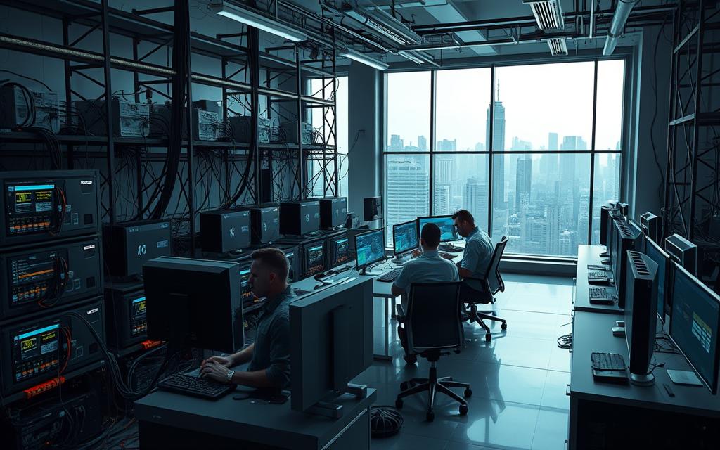 a modern, well-lit, and spacious software testing laboratory with rows of workstations, each equipped with high-performance computers and multiple monitors. in the foreground, a developer is meticulously configuring a database server, surrounded by an array of networking equipment and cables. the middle ground features a team of testers collaborating at a large central table, scrutinizing test results projected on a wall-mounted display. the background showcases an expansive view of the city skyline through floor-to-ceiling windows, creating a sense of scale and professionalism. the overall atmosphere conveys a focused, technologically advanced, and highly organized testing environment.