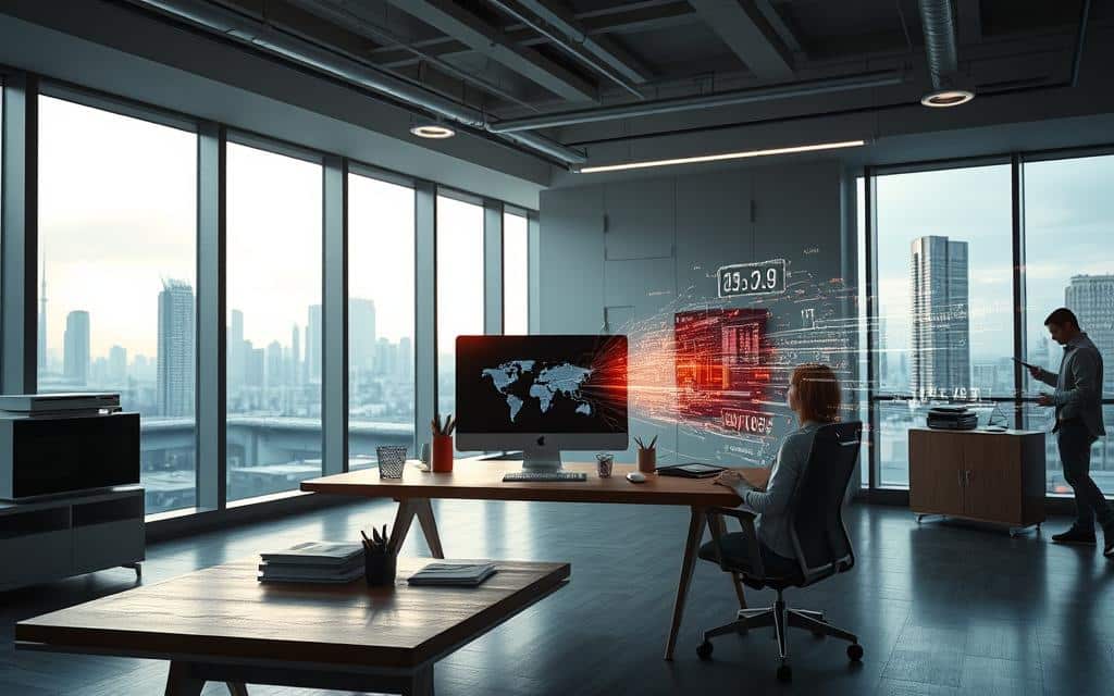 a well-lit modern office interior with sleek desk, computer monitor, and office supplies on a minimalist wooden table, surrounded by large windows overlooking a city skyline, soft overhead lighting, a clear flow of information represented by glowing data streams emanating from the computer, highlighting the benefits of detailed audit logs for secure data management and transparency