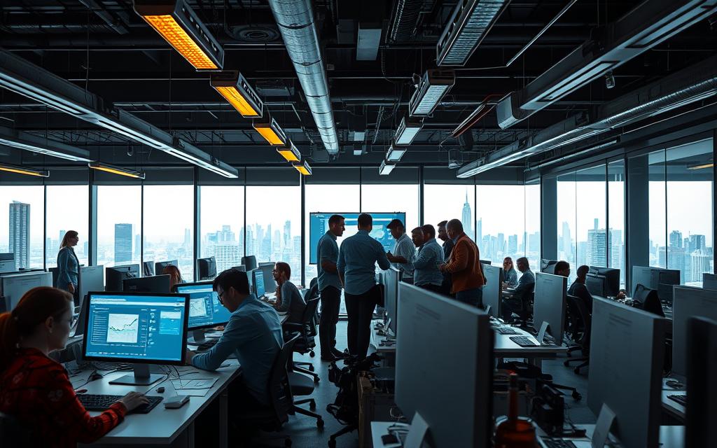 A bustling office scene, captured with a wide-angle lens to showcase the seamless flow of everyday operations. In the foreground, employees diligently type on their sleek, modern computers, their faces illuminated by the soft, warm glow of the overhead lighting. In the middle ground, colleagues huddle around a conference table, engaged in a lively discussion, their gestures animated as they analyze charts and graphs displayed on a large, high-resolution screen. The background reveals a panoramic view of the city skyline, visible through the expansive windows, creating a sense of scale and context. The atmosphere is one of productivity, collaboration, and a relentless pursuit of insights, perfectly encapsulating the essence of OLTP and OLAP systems in action. A bustling office scene, captured with a wide-angle lens to showcase the seamless flow of everyday operations. In the foreground, employees diligently type on their sleek, modern computers, their faces illuminated by the soft, warm glow of the overhead lighting. In the middle ground, colleagues huddle around a conference table, engaged in a lively discussion, their gestures animated as they analyze charts and graphs displayed on a large, high-resolution screen. The background reveals a panoramic view of the city skyline, visible through the expansive windows, creating a sense of scale and context. The atmosphere is one of productivity, collaboration, and a relentless pursuit of insights, perfectly encapsulating the essence of OLTP and OLAP systems in action.