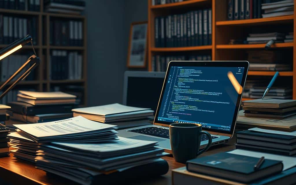 A busy office workspace with an open laptop, a stack of files, and a coffee mug on a cluttered desk. The laptop screen displays lines of database code, hinting at a complex software project. Soft, warm lighting from a desk lamp illuminates the scene, creating a focused, productive atmosphere. In the background, shelves of reference books and technical manuals suggest an environment dedicated to research and development. The overall mood is one of intense concentration and immersion in the technical details of database transaction management. A busy office workspace with an open laptop, a stack of files, and a coffee mug on a cluttered desk. The laptop screen displays lines of database code, hinting at a complex software project. Soft, warm lighting from a desk lamp illuminates the scene, creating a focused, productive atmosphere. In the background, shelves of reference books and technical manuals suggest an environment dedicated to research and development. The overall mood is one of intense concentration and immersion in the technical details of database transaction management.