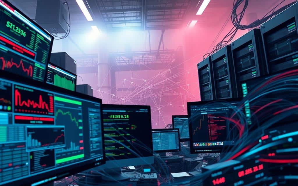 A chaotic scene of overlapping transactions, each a swirling vortex of data. In the foreground, multiple windows depict stock trades, bank withdrawals, and online purchases, their edges blurred as they compete for system resources. In the middle ground, a network diagram shows connections pulsing with activity, data packets colliding in a dizzying dance. The background is a hazy, industrial landscape of servers and cables, casting an ominous glow over the frenetic activity. The lighting is harsh, casting sharp shadows that emphasize the urgency and potential for conflict. The camera angle is tilted, creating a sense of instability and unease. The overall mood is one of tension and the need for careful management to avoid the common anomalies that can arise in concurrent transactions. A chaotic scene of overlapping transactions, each a swirling vortex of data. In the foreground, multiple windows depict stock trades, bank withdrawals, and online purchases, their edges blurred as they compete for system resources. In the middle ground, a network diagram shows connections pulsing with activity, data packets colliding in a dizzying dance. The background is a hazy, industrial landscape of servers and cables, casting an ominous glow over the frenetic activity. The lighting is harsh, casting sharp shadows that emphasize the urgency and potential for conflict. The camera angle is tilted, creating a sense of instability and unease. The overall mood is one of tension and the need for careful management to avoid the common anomalies that can arise in concurrent transactions.