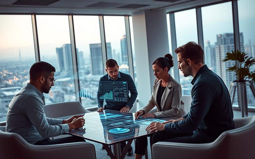 A clean, well-lit modern office space with sleek, minimalist furniture and large windows overlooking a bustling city skyline. In the center, a team of data analysts intently focused on a series of holographic displays, poring over charts, graphs, and insights that illuminate the value of data-driven decision making. Soft, directional lighting highlights the concentration on their faces as they collaborate, making strategic choices that will guide their organization towards success. The atmosphere is one of purpose, innovation, and a shared commitment to leveraging information to its fullest potential.