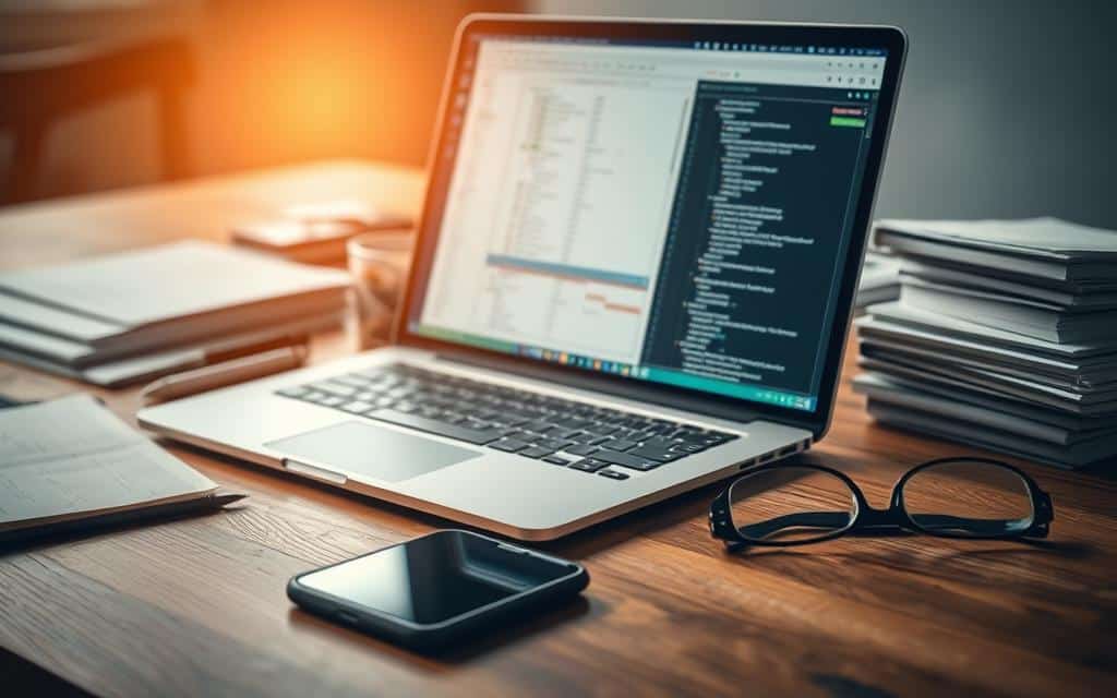 A close-up view of a wooden table, its surface adorned with various office supplies and digital devices. In the center, a laptop computer displays a detailed metadata interface, showcasing intricate data fields and categorization systems. Surrounding the laptop, a sleek smartphone, a pair of reading glasses, and a well-organized stack of documents. The lighting is soft and warm, creating a productive, professional atmosphere. The image conveys the importance of comprehensive metadata management in the context of data organization and discoverability.