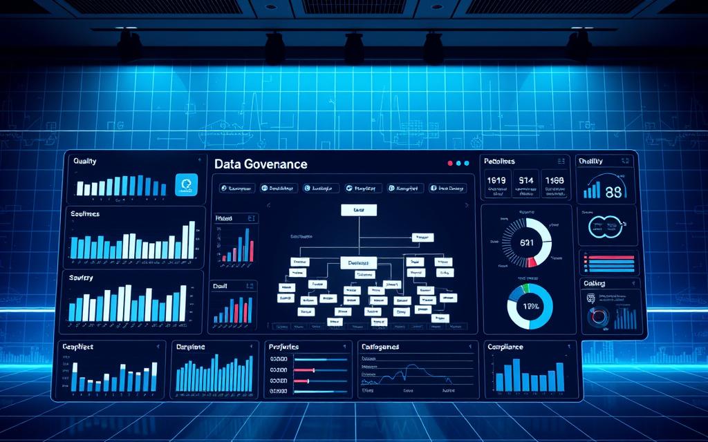 A data governance dashboard with key performance indicators (KPIs) projected in a modern, minimalist interface. The foreground features a clean grid of visualizations - bar charts, line graphs, and radial gauges - displaying metrics such as data quality, completeness, timeliness, and compliance. The middle ground showcases a centralized data lineage diagram, highlighting data sources, transformations, and downstream dependencies. The background bathes the scene in a cool, bluish tone, with subtle grid lines and geometric patterns conveying a sense of structure and organization. Lit from above with soft, even lighting, the overall aesthetic is one of sleek professionalism and data-driven decision making. A data governance dashboard with key performance indicators (KPIs) projected in a modern, minimalist interface. The foreground features a clean grid of visualizations - bar charts, line graphs, and radial gauges - displaying metrics such as data quality, completeness, timeliness, and compliance. The middle ground showcases a centralized data lineage diagram, highlighting data sources, transformations, and downstream dependencies. The background bathes the scene in a cool, bluish tone, with subtle grid lines and geometric patterns conveying a sense of structure and organization. Lit from above with soft, even lighting, the overall aesthetic is one of sleek professionalism and data-driven decision making.