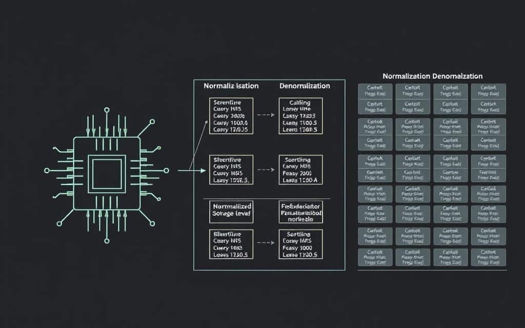 A detailed schematic diagram illustrating the trade-offs between database normalization and denormalization across various performance workloads. In the foreground, a central processing unit icon surrounded by data flow arrows, representing the core computational engine. In the middle ground, a series of database schema diagrams showcasing different normalization levels, each with performance metrics like query times and storage usage. In the background, a grid of thumbnail graphs charting the performance characteristics of normalized vs denormalized database designs under diverse workloads such as online transactional processing, analytical queries, and real-time reporting. Rendered in a technical, engineering-inspired style with clean lines, muted colors, and subtle shadows to convey the analytical nature of the subject matter. A detailed schematic diagram illustrating the trade-offs between database normalization and denormalization across various performance workloads. In the foreground, a central processing unit icon surrounded by data flow arrows, representing the core computational engine. In the middle ground, a series of database schema diagrams showcasing different normalization levels, each with performance metrics like query times and storage usage. In the background, a grid of thumbnail graphs charting the performance characteristics of normalized vs denormalized database designs under diverse workloads such as online transactional processing, analytical queries, and real-time reporting. Rendered in a technical, engineering-inspired style with clean lines, muted colors, and subtle shadows to convey the analytical nature of the subject matter.
