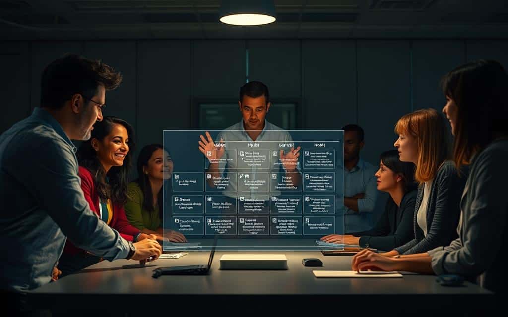 A dimly lit office scene, with a group of diverse professionals gathered around a conference table, engaged in lively discussion. In the foreground, a leader stands, gesturing animatedly, their face illuminated by the soft glow of a computer screen. Surrounding them, teammates lean in, their expressions thoughtful, as they review a holographic display showcasing a matrix of roles and responsibilities. The background is softly blurred, emphasizing the focus on the central team dynamic and their collaborative effort to align data governance with business strategy. A dimly lit office scene, with a group of diverse professionals gathered around a conference table, engaged in lively discussion. In the foreground, a leader stands, gesturing animatedly, their face illuminated by the soft glow of a computer screen. Surrounding them, teammates lean in, their expressions thoughtful, as they review a holographic display showcasing a matrix of roles and responsibilities. The background is softly blurred, emphasizing the focus on the central team dynamic and their collaborative effort to align data governance with business strategy.
