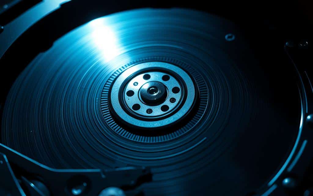 A high-contrast, cinematic close-up of a computer hard drive platters, with an intricate lattice of magnetic tracks and data clusters visible. Dramatic backlighting from below casts long shadows, creating a sense of depth and dimensionality. The drive's internal architecture is on full display, suggesting the complex, layered nature of file-based data storage. The scene is lit with cool, steely tones to evoke the technical, digital realm of databases. Camera angle is slightly low, lending a sense of power and significance to the subject. Overall, the image conveys the scale, complexity, and precision of file-based data management. A high-contrast, cinematic close-up of a computer hard drive platters, with an intricate lattice of magnetic tracks and data clusters visible. Dramatic backlighting from below casts long shadows, creating a sense of depth and dimensionality. The drive's internal architecture is on full display, suggesting the complex, layered nature of file-based data storage. The scene is lit with cool, steely tones to evoke the technical, digital realm of databases. Camera angle is slightly low, lending a sense of power and significance to the subject. Overall, the image conveys the scale, complexity, and precision of file-based data management.