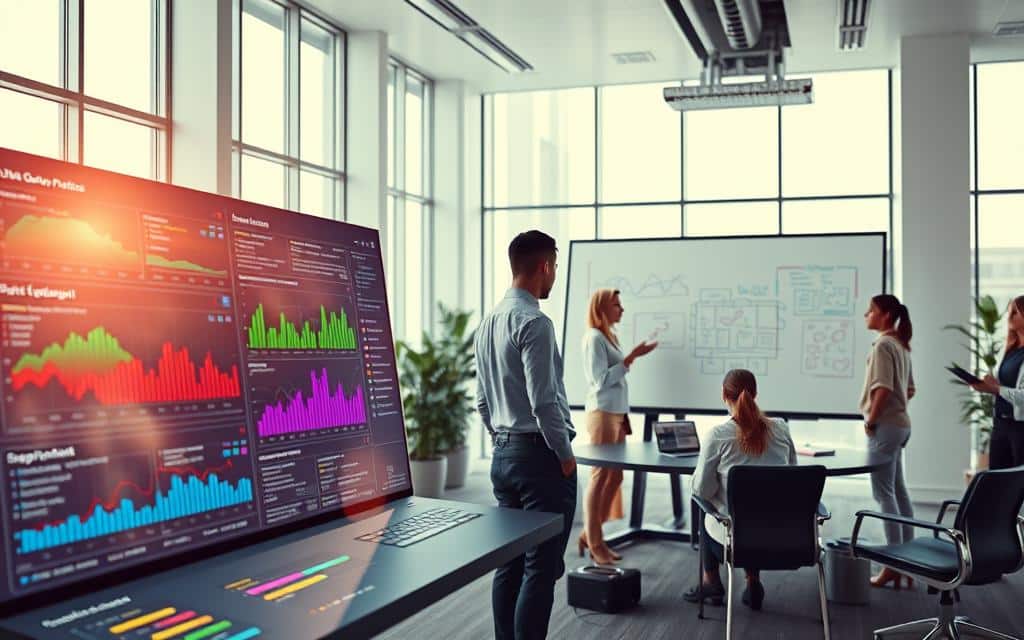 A highly detailed, photorealistic image of a modern data governance concept. In the foreground, a sleek dashboard displays colorful data visualizations, reflecting the principles of data quality and lineage. In the middle ground, a team of data professionals collaborate around a large interactive whiteboard, discussing data access protocols and policies. The background features a serene, minimalist office environment with floor-to-ceiling windows, allowing natural light to flood the scene and create a sense of openness and transparency. The overall mood is one of professionalism, efficiency, and a commitment to responsible data management. A highly detailed, photorealistic image of a modern data governance concept. In the foreground, a sleek dashboard displays colorful data visualizations, reflecting the principles of data quality and lineage. In the middle ground, a team of data professionals collaborate around a large interactive whiteboard, discussing data access protocols and policies. The background features a serene, minimalist office environment with floor-to-ceiling windows, allowing natural light to flood the scene and create a sense of openness and transparency. The overall mood is one of professionalism, efficiency, and a commitment to responsible data management.