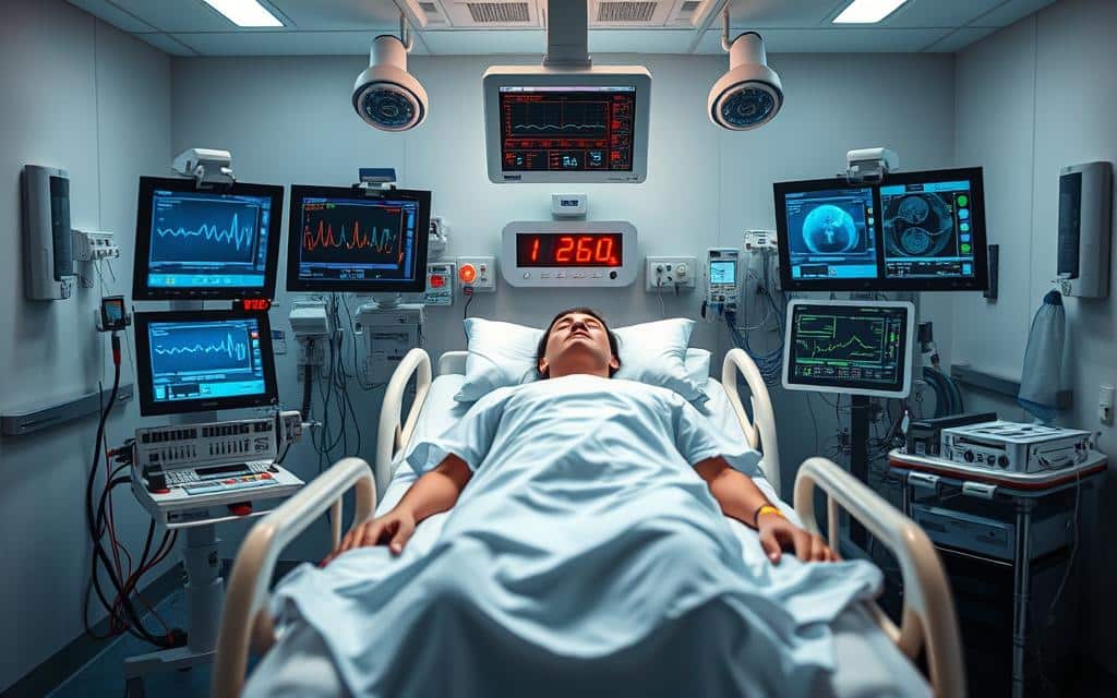 A hospital room with a patient lying on the bed, surrounded by various medical equipment and monitors. The patient's face is partially obscured, but their vitals and medical data are clearly displayed on the screens. The room is well-lit, with clean, modern furnishings and a sense of clinical efficiency. The background is slightly blurred, but the focus is on the patient and the medical technology that surrounds them, creating a sense of the "patient 360" concept, where all aspects of the patient's health and care are centralized and interconnected. A hospital room with a patient lying on the bed, surrounded by various medical equipment and monitors. The patient's face is partially obscured, but their vitals and medical data are clearly displayed on the screens. The room is well-lit, with clean, modern furnishings and a sense of clinical efficiency. The background is slightly blurred, but the focus is on the patient and the medical technology that surrounds them, creating a sense of the "patient 360" concept, where all aspects of the patient's health and care are centralized and interconnected.