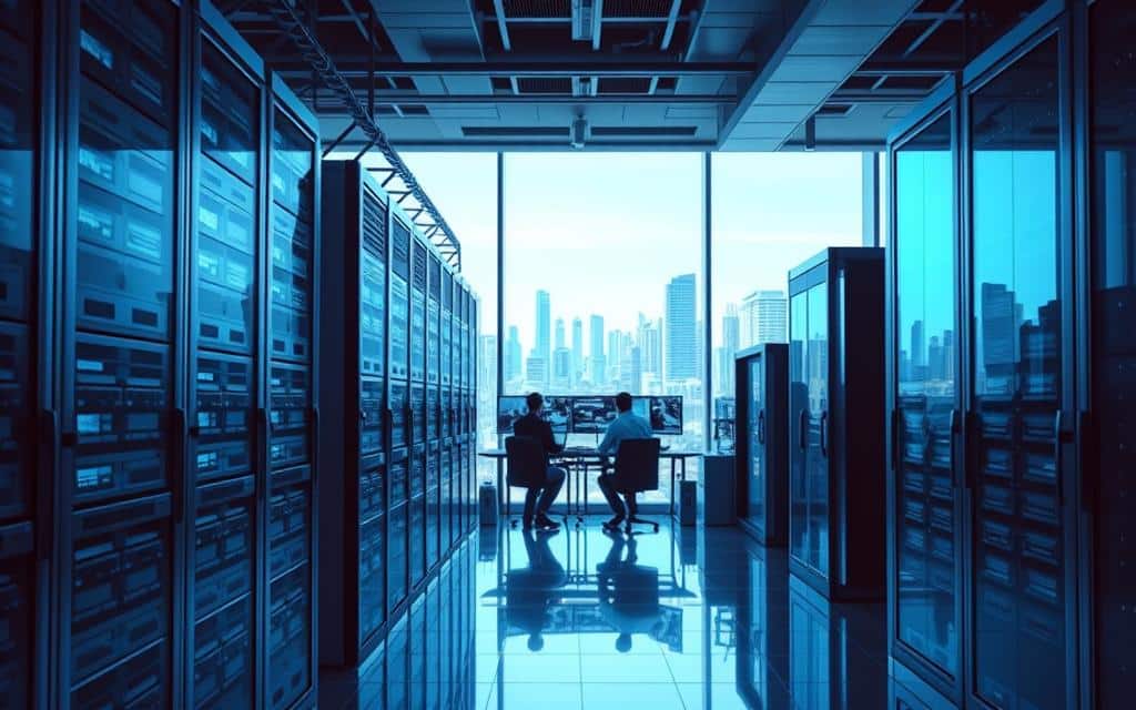 A modern corporate office space with sleek, minimalist design. Towering shelves of data servers stand in the foreground, their cooling fans gently humming. Ethereal blue lighting casts a serene glow, illuminating the crisp lines and metallic surfaces. In the middle ground, a team of technicians monitor multiple screens, analyzing complex data visualizations. The background showcases floor-to-ceiling windows overlooking a bustling city skyline, symbolizing the importance of data retention in the digital age. The overall atmosphere conveys a sense of technological sophistication, security, and the gravity of data compliance. A modern corporate office space with sleek, minimalist design. Towering shelves of data servers stand in the foreground, their cooling fans gently humming. Ethereal blue lighting casts a serene glow, illuminating the crisp lines and metallic surfaces. In the middle ground, a team of technicians monitor multiple screens, analyzing complex data visualizations. The background showcases floor-to-ceiling windows overlooking a bustling city skyline, symbolizing the importance of data retention in the digital age. The overall atmosphere conveys a sense of technological sophistication, security, and the gravity of data compliance.