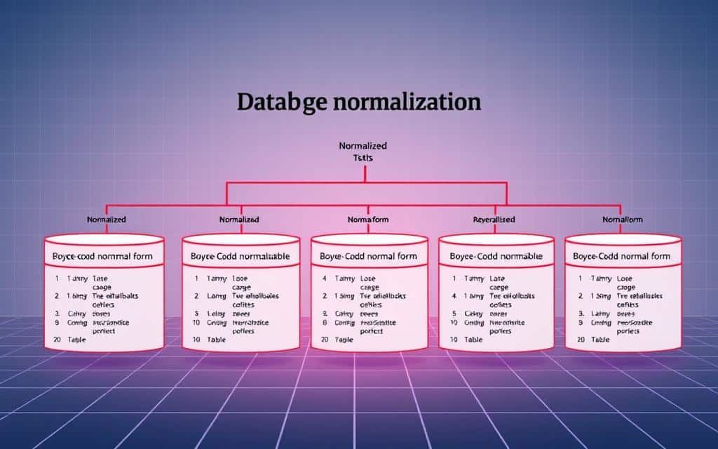A modern, minimalist illustration of database normalization principles. In the foreground, a series of interconnected tables with crisp edges and clean, geometric shapes, each representing a normalized entity. The middle ground showcases the progressive transition from 1st to Boyce-Codd normal form, with data dependencies and functional relationships visually mapped out. The background features a subtle grid pattern, hinting at the structured nature of relational databases. Soft, cool-toned lighting creates a sense of clarity and precision, while the overall composition conveys the logical, step-by-step process of effective database design. A modern, minimalist illustration of database normalization principles. In the foreground, a series of interconnected tables with crisp edges and clean, geometric shapes, each representing a normalized entity. The middle ground showcases the progressive transition from 1st to Boyce-Codd normal form, with data dependencies and functional relationships visually mapped out. The background features a subtle grid pattern, hinting at the structured nature of relational databases. Soft, cool-toned lighting creates a sense of clarity and precision, while the overall composition conveys the logical, step-by-step process of effective database design.