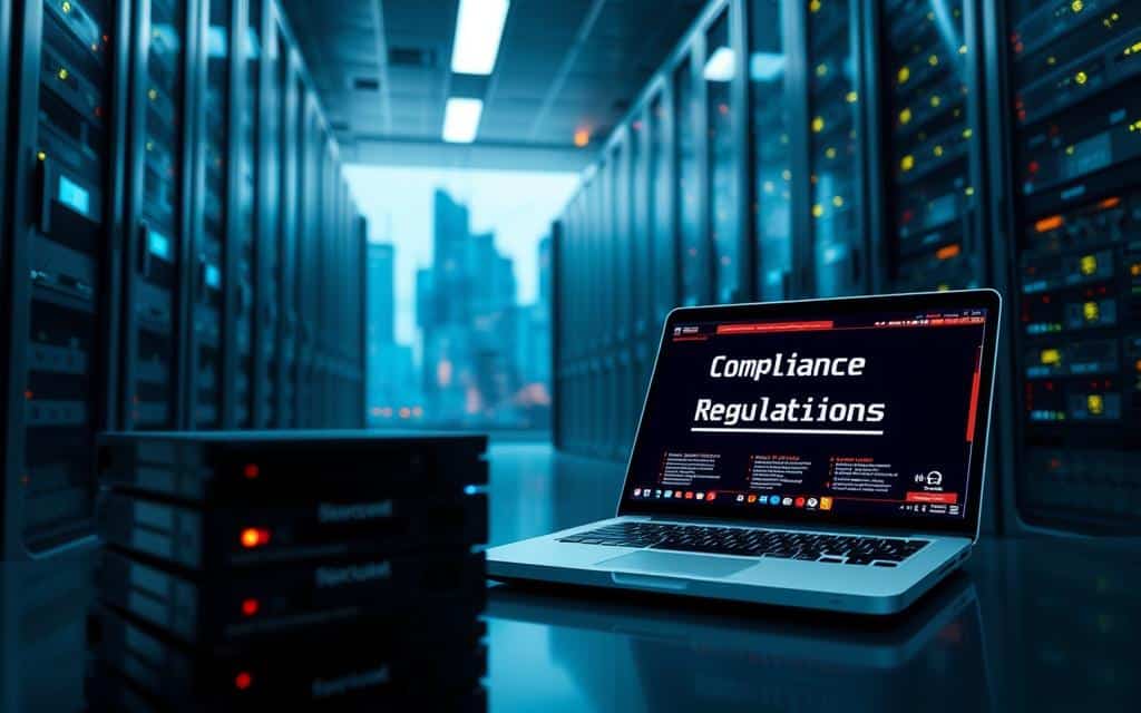 A neatly organized data center, with gleaming server racks and blinking indicator lights. In the foreground, a stack of storage drives and backup tapes, symbolizing the importance of data retention. The middle ground features an open laptop displaying compliance regulations, while the background showcases a cityscape skyline, representing the broader legal framework. Soft, diffused lighting creates a professional, authoritative atmosphere, and the camera angle is slightly elevated to convey a sense of oversight and control. The scene communicates the critical role of data retention in meeting regulatory requirements. A neatly organized data center, with gleaming server racks and blinking indicator lights. In the foreground, a stack of storage drives and backup tapes, symbolizing the importance of data retention. The middle ground features an open laptop displaying compliance regulations, while the background showcases a cityscape skyline, representing the broader legal framework. Soft, diffused lighting creates a professional, authoritative atmosphere, and the camera angle is slightly elevated to convey a sense of oversight and control. The scene communicates the critical role of data retention in meeting regulatory requirements.