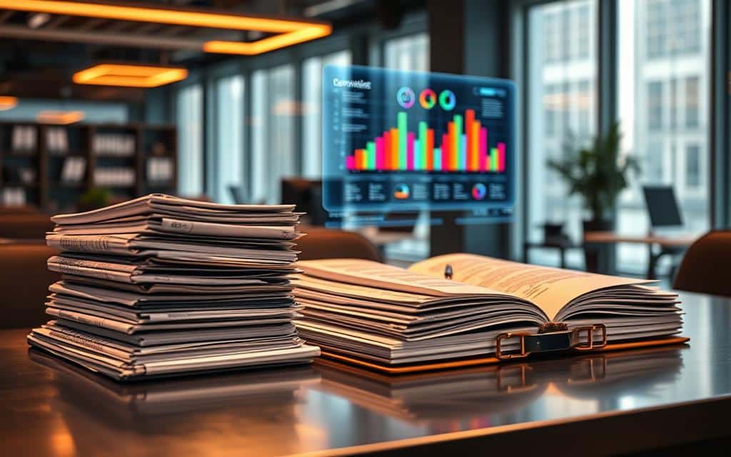 A neatly organized data governance playbook rests on a minimalist steel desk, illuminated by warm task lighting. Layers of precisely labeled folders, checklists, and policy documents fill the foreground, conveying a sense of structured efficiency. In the middle ground, a holographic data visualization display projects colorful KPI metrics, showcasing real-time performance insights. The background features a sleek, modern office environment with floor-to-ceiling windows, allowing natural light to filter in and creating an atmosphere of professionalism and innovation. The overall scene exudes a tone of carefully curated best practices, designed to empower effective data governance across the organization. A neatly organized data governance playbook rests on a minimalist steel desk, illuminated by warm task lighting. Layers of precisely labeled folders, checklists, and policy documents fill the foreground, conveying a sense of structured efficiency. In the middle ground, a holographic data visualization display projects colorful KPI metrics, showcasing real-time performance insights. The background features a sleek, modern office environment with floor-to-ceiling windows, allowing natural light to filter in and creating an atmosphere of professionalism and innovation. The overall scene exudes a tone of carefully curated best practices, designed to empower effective data governance across the organization.