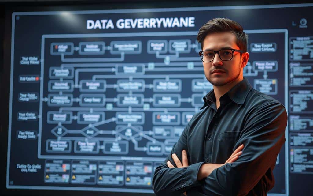 A professional data steward stands confidently, their role and responsibilities clearly defined. Behind them, a well-organized data flow diagram illustrates the intricate web of data governance principles. Soft, diffused lighting casts a subtle glow, creating a sense of authority and expertise. The scene conveys a harmonious balance between human oversight and technological precision, underscoring the importance of clear roles and responsibilities in effective data stewardship. A professional data steward stands confidently, their role and responsibilities clearly defined. Behind them, a well-organized data flow diagram illustrates the intricate web of data governance principles. Soft, diffused lighting casts a subtle glow, creating a sense of authority and expertise. The scene conveys a harmonious balance between human oversight and technological precision, underscoring the importance of clear roles and responsibilities in effective data stewardship.