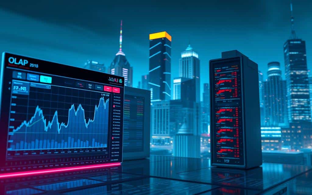 A real-time OLAP dashboard showcasing dynamic data visualizations, with a sleek and modern interface. In the foreground, an interactive chart displays stock prices updating in real-time, while in the middle ground, a 3D model of a server rack represents the powerful underlying infrastructure. In the background, a cityscape with skyscrapers conveys the bustling, high-paced nature of the financial sector. The scene is illuminated by a cool, blue-tinted lighting, creating a sense of precision and clarity. The overall mood is one of efficiency, power, and data-driven decision making. A real-time OLAP dashboard showcasing dynamic data visualizations, with a sleek and modern interface. In the foreground, an interactive chart displays stock prices updating in real-time, while in the middle ground, a 3D model of a server rack represents the powerful underlying infrastructure. In the background, a cityscape with skyscrapers conveys the bustling, high-paced nature of the financial sector. The scene is illuminated by a cool, blue-tinted lighting, creating a sense of precision and clarity. The overall mood is one of efficiency, power, and data-driven decision making.