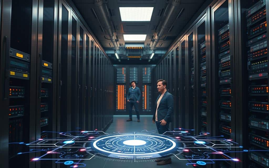 A serene yet powerful data center, its servers and storage arrays humming with the rhythmic pulse of master data management. Sleek metal panels and glowing indicator lights create an air of technological sophistication, while soft, ambient lighting casts a warm, reassuring glow. In the foreground, a holographic interface displays a visualization of data flows, elegant lines tracing the connections between disparate systems. The middle ground features a trio of data scientists, their expressions focused as they analyze the insights surfaced by the MDM engine. In the background, towering server racks recede into the distance, a testament to the scale and complexity of the underlying infrastructure. The scene conveys a sense of control, efficiency, and the vital role of master data management in powering trustworthy business intelligence.