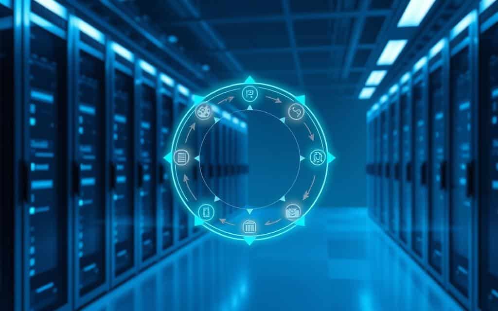 A sleek and modern data center with rows of servers and data storage units, bathed in a cool blue lighting. In the foreground, a circular data life cycle diagram floats, its stages represented by glowing icons. The background features a seamless gradient, transitioning from a deep navy to a lighter azure, creating a sense of depth and flow. The overall composition conveys the intricacies and dynamism of data management within a database ecosystem.