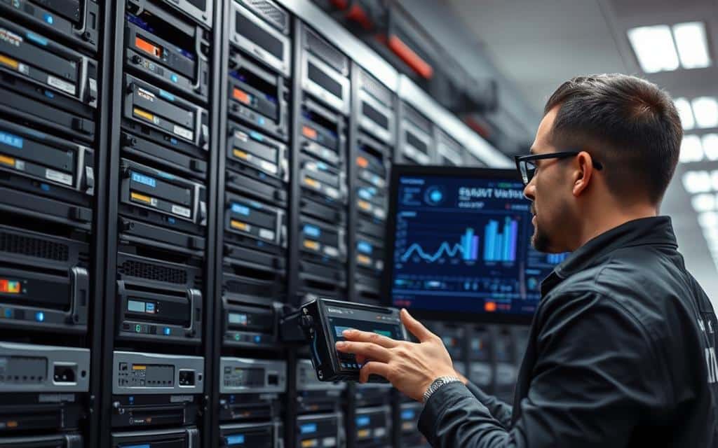 A sleek, high-performance server rack system fills the frame, its metallic chassis gleaming under bright, evenly-distributed lighting. The server units are stacked neatly, their cooling fans whirring softly, conveying a sense of efficient, reliable operation. In the foreground, a computer engineer examines a server module, carefully evaluating its performance metrics displayed on a crisp, high-resolution monitor. The background is blurred, placing the focus squarely on the server infrastructure and the engineer's analytical work. The overall atmosphere is one of technological prowess, precision, and a relentless pursuit of optimal system performance. A sleek, high-performance server rack system fills the frame, its metallic chassis gleaming under bright, evenly-distributed lighting. The server units are stacked neatly, their cooling fans whirring softly, conveying a sense of efficient, reliable operation. In the foreground, a computer engineer examines a server module, carefully evaluating its performance metrics displayed on a crisp, high-resolution monitor. The background is blurred, placing the focus squarely on the server infrastructure and the engineer's analytical work. The overall atmosphere is one of technological prowess, precision, and a relentless pursuit of optimal system performance.