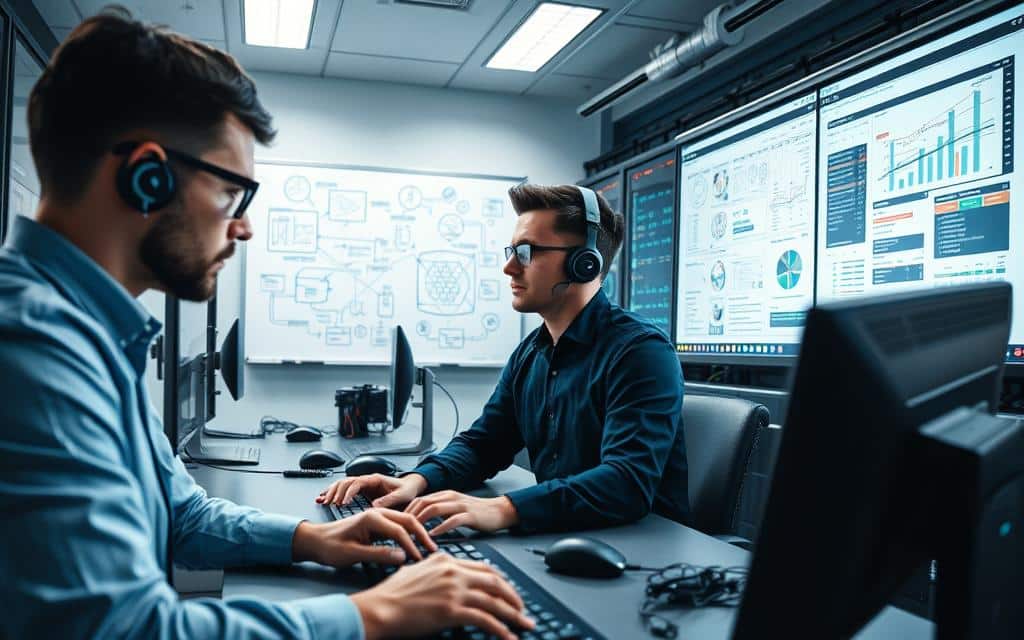 A team of database administrators diligently working in a modern, well-lit office. In the foreground, three professionals intently focused on their computer screens, fingers flying across keyboards as they monitor and maintain complex database systems. In the middle ground, a whiteboard displays detailed diagrams and schematics, evidence of their meticulous planning and troubleshooting. The background is filled with racks of servers, blinking lights, and a serene atmosphere of technological precision. The scene conveys a sense of expertise, efficiency, and the essential role database administrators play in the smooth operation of data-driven organizations. A team of database administrators diligently working in a modern, well-lit office. In the foreground, three professionals intently focused on their computer screens, fingers flying across keyboards as they monitor and maintain complex database systems. In the middle ground, a whiteboard displays detailed diagrams and schematics, evidence of their meticulous planning and troubleshooting. The background is filled with racks of servers, blinking lights, and a serene atmosphere of technological precision. The scene conveys a sense of expertise, efficiency, and the essential role database administrators play in the smooth operation of data-driven organizations.