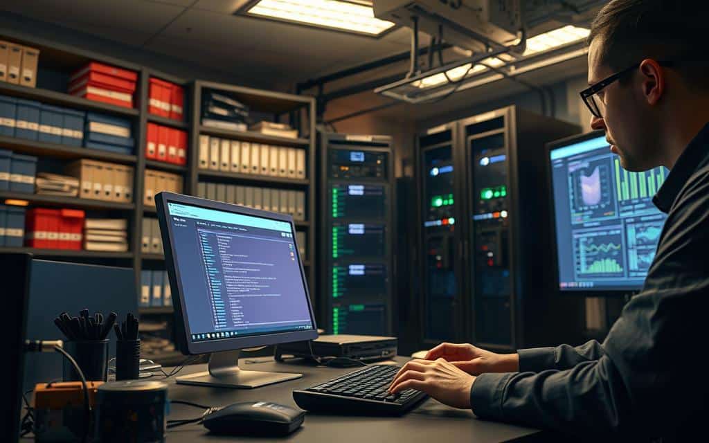 A well-lit office setting with a desk, desktop computer, and other administrator tools. In the foreground, an administrator reviews database management software, hands typing intently on the keyboard. In the middle ground, shelves filled with labeled binders and folders, representing organized data and files. The background features server racks, cables, and a large wall-mounted display showing database visualizations, conveying the complex but efficient infrastructure powering the system. The lighting is warm and professional, creating a sense of focused productivity. The overall atmosphere is one of reliable, streamlined database management. A well-lit office setting with a desk, desktop computer, and other administrator tools. In the foreground, an administrator reviews database management software, hands typing intently on the keyboard. In the middle ground, shelves filled with labeled binders and folders, representing organized data and files. The background features server racks, cables, and a large wall-mounted display showing database visualizations, conveying the complex but efficient infrastructure powering the system. The lighting is warm and professional, creating a sense of focused productivity. The overall atmosphere is one of reliable, streamlined database management.