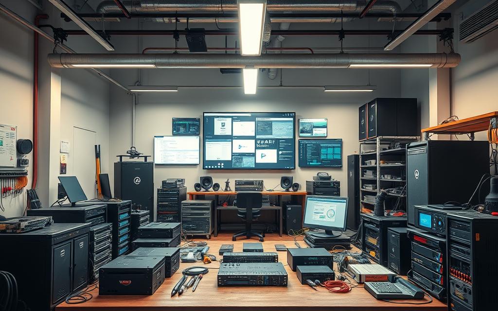 A well-lit workshop setting, showcasing an assortment of tools and platforms essential for data lifecycle management. In the foreground, an array of hardware components, including servers, storage drives, and networking devices, artfully arranged to highlight their interconnectivity. In the middle ground, a virtual environment displays various software interfaces and dashboards, representing the platforms that enable data monitoring, migration, and preservation. The background features a clean, minimalist workspace, with subtle architectural details that convey a sense of organization and efficiency. Soft, directional lighting emphasizes the tactile nature of the physical tools and the digital elegance of the platforms, creating a harmonious balance between the tangible and the virtual aspects of data lifecycle management.