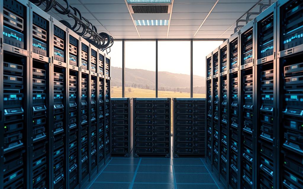 A well-organized data center with rows of metal server racks, each filled with neatly stacked hard drives and storage units. The room is brightly lit with cool-toned LED lighting, casting a clean, modern glow. The racks are positioned in a symmetrical layout, with ample walkways for maintenance access. In the background, a large window overlooks a serene outdoor landscape, providing a sense of balance and tranquility. The overall atmosphere conveys a sense of reliability, security, and long-term data preservation.