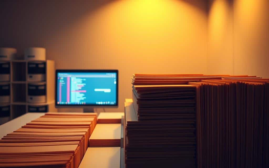 A well-organized, minimalist flat file database system, illuminated by warm, directional lighting. The foreground features a clean, organized arrangement of files and folders, conveying efficiency and simplicity. The middle ground showcases a sleek, modern computer display, subtly highlighting the digital nature of the data. The background depicts a serene, neutral-toned workspace, emphasizing the focused and uncluttered nature of the flat file approach. The overall mood is one of calm productivity, reflecting the advantages of this straightforward data management solution for small, specialized needs. A well-organized, minimalist flat file database system, illuminated by warm, directional lighting. The foreground features a clean, organized arrangement of files and folders, conveying efficiency and simplicity. The middle ground showcases a sleek, modern computer display, subtly highlighting the digital nature of the data. The background depicts a serene, neutral-toned workspace, emphasizing the focused and uncluttered nature of the flat file approach. The overall mood is one of calm productivity, reflecting the advantages of this straightforward data management solution for small, specialized needs.