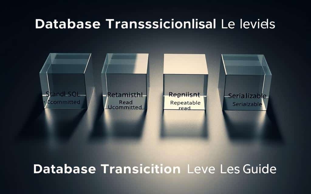Four isolated glass cubes representing the standard SQL transaction isolation levels - read uncommitted, read committed, repeatable read, and serializable. The cubes are arranged in a grid, with subtle reflections on a polished, dark surface. Soft, dramatic lighting casts long shadows, emphasizing the geometric forms and creating a sense of depth. The overall tone is minimalist and conceptual, conveying the technical nature of the subject matter. The image has a clean, modern aesthetic that would complement the "Database Transaction Isolation Levels Guide" article. Four isolated glass cubes representing the standard SQL transaction isolation levels - read uncommitted, read committed, repeatable read, and serializable. The cubes are arranged in a grid, with subtle reflections on a polished, dark surface. Soft, dramatic lighting casts long shadows, emphasizing the geometric forms and creating a sense of depth. The overall tone is minimalist and conceptual, conveying the technical nature of the subject matter. The image has a clean, modern aesthetic that would complement the "Database Transaction Isolation Levels Guide" article.